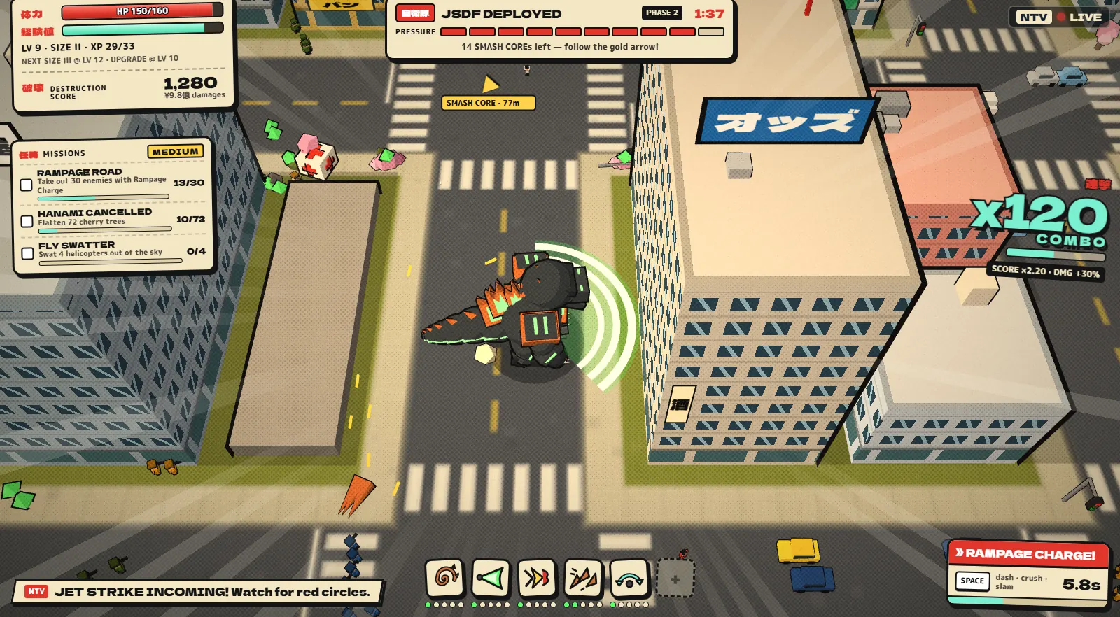 ODDSZILLA gameplay: the grown kaiju tail-swipes a tower block during a x120 combo while JSDF troops deploy
