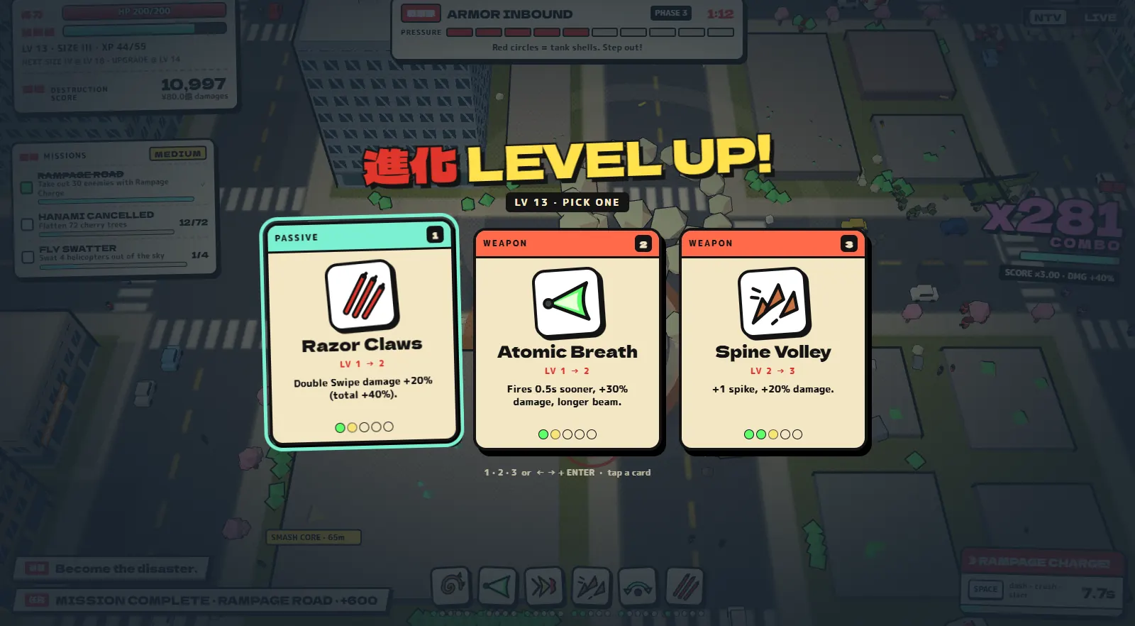 ODDSZILLA level-up screen offering three upgrade cards: Razor Claws, Atomic Breath and Spine Volley
