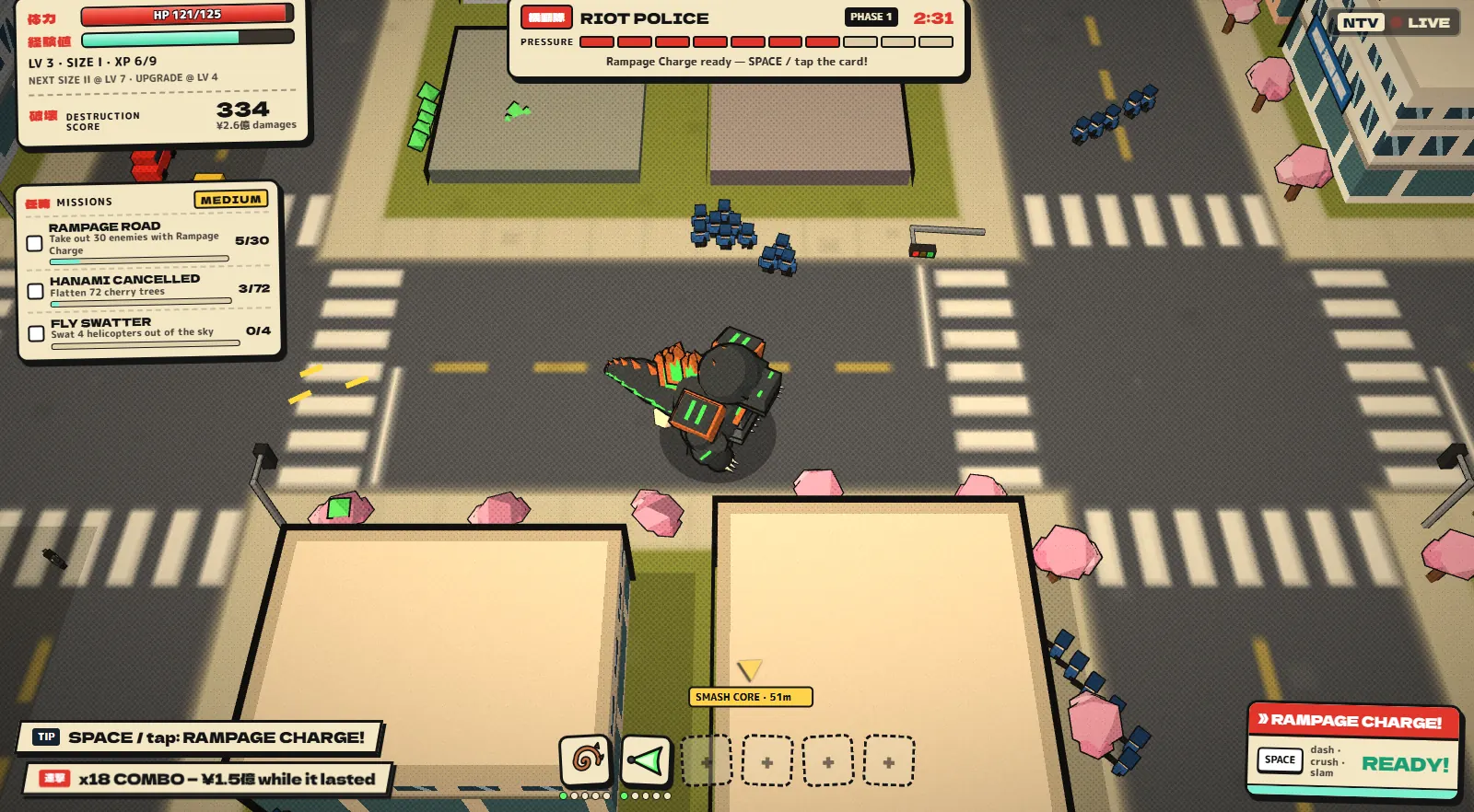 ODDSZILLA gameplay: the kaiju stomps through a city intersection while riot police close in, with the health bar, missions and pressure meter on screen
